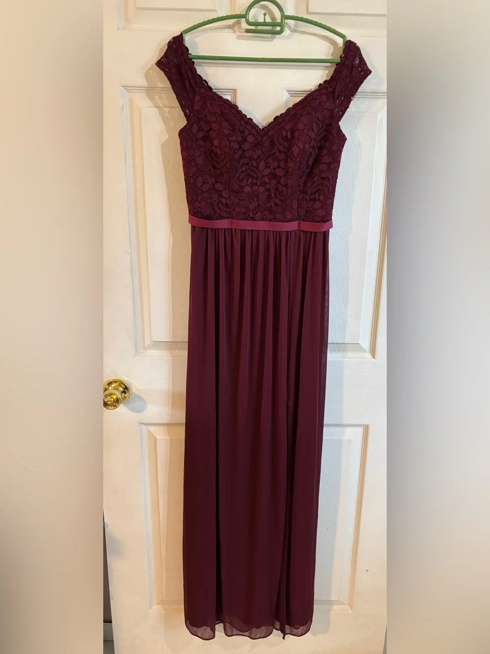 David's Bridal One-Shoulder Lace & Chiffon Gown in Burgundy